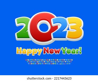 Vector artistic Greeting Card Happy New Year 2023! Bright Kids Font. Colorful creative Alphabet Letters and Numbers set. 