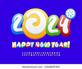 Vector artistic Greeting Card Happy New Year 2024! Colorful Alphabet Letters and Numbers set. Bright creative Font