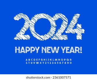 Vector artistic greeting card Happy New Year 2024! Modern Creative Font. White Sketched Alphabet Letters and Numbers set.