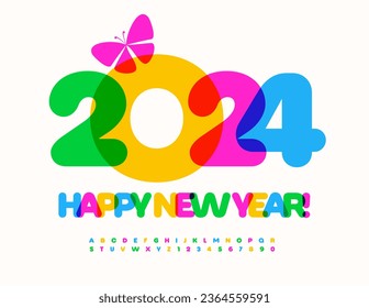 Vector artistic greeting card Happy New Year 2024! Watercolor Alphabet Letters and Numbers set. Colorful creative Font