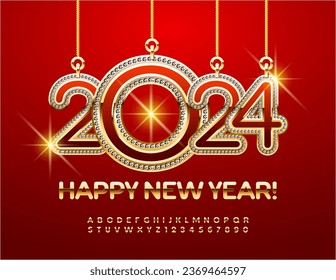 Vektor künstlerische Grußkarte Frohes neues Jahr mit dekorativem Spielzeug 2024! Moderne schicke Schriftart. Golden Alphabet Letters and Numbers set