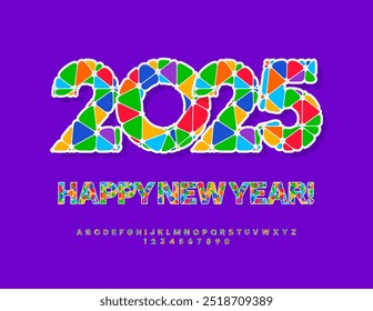 Vector artistic Greeting Card Happy New Year 2025! Bright Mosaic Font. Colorful Alphabet Letters and Numbers. 