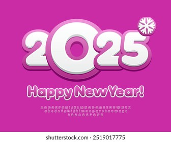 Vector artistic Greeting Card Happy New Year 2025! Pink and White Creative Font. Cute Alphabet Letters and Numbers set