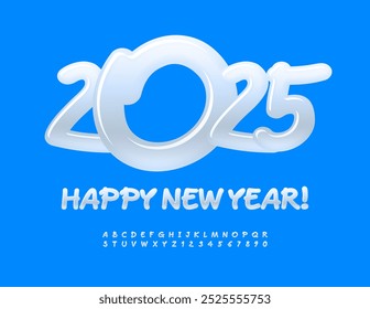 Vector artistic Greeting Card Happy New Year 2025! Icy White Font. Handwritten set of Alphabet Letters and Numbers.