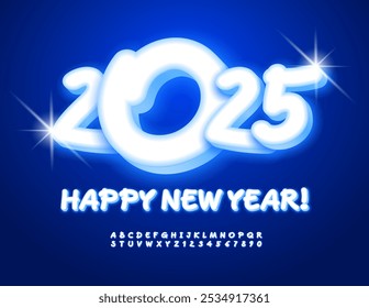 Vector artistic Greeting Card Happy New Year 2025! Playful 3D Font. Snow White Alphabet Letters and Numbers set.