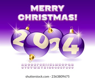 Vector artistic Greeting Card Merry Christmas 2024! Violet and White elegant Font. Modern Alphabet Letters and Numbers set. 