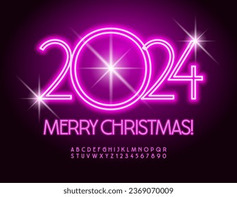 Vector artistic Greeting Card Merry Christmas 2024! Elegant Pink Font. Bright Neon Alphabet Letters and Numbers set