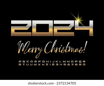 Vector artistic Greeting Card Merry Christmas 2024! Chic Gold Font. Trendy Stylish Alphabet.