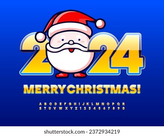 Vector artistic Greeting Card Merry Christmas 2024 with funny Santa Claus. Bright Yellow and Blue Font. Set of creative Alphabet Letters and Numbers