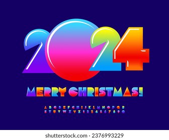 Vector artistic Greeting Card Merry Christmas 2024! Colorful Glossy Font. Bright Kids Alphabet Letters and Numbers.
