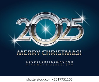 Vector artistic Greeting Card Merry Christmas 2025! Metallic Font. Silver Alphabet Letters and Numbers set.