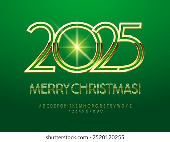 Vector artístico Tarjeta de felicitación Feliz Navidades 2025. Elegante fuente verde y dorada. Conjunto de letras y números de alfabeto de lujo.