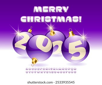 Vector artistic Greeting Card Merry Christmas 2025 with Decorative Balls. Stylish White Font. Modern Alphabet Letters and Numbers set. 