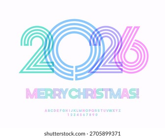 Cartão de saudação artística vetor Feliz Natal 2026! Fonte Colorida Exclusiva. Abstract Maze estilo Alfabeto Letras e Números conjunto.