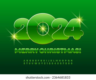 Vector artistic Greeting Gard Merry Christmas 2024! Cute Glossy Font. Green Alphabet Letters and Numbers set