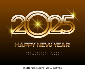 Vector artistic Greeting Сard Happy New Year 2025! Trendy Premium Font. Shiny Luxury Alphabet Letters and Numbers. 