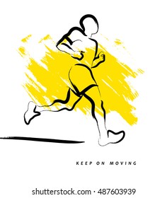 Vektorillustration, handgezeichnet Skizze von menschlicher Silhouette einzeln auf weißem Hintergrund. Sportskizzengrafik. Laufende Joggingmännfigur. Athlete läuft.