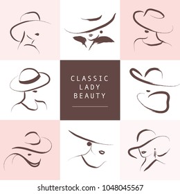 Vector artistic hand drawn stylish young lady portrait set isolated on white background. Fashion girl model icon. Woman in hat. Beauty illustration, logo design. Fashion poster, placard, banner.