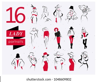 Vector artistic hand drawn stylish young lady portrait set isolated on white background. Fashion girl model icon. Woman in hat. Beauty illustration, logo design. Fashion poster, placard, banner.