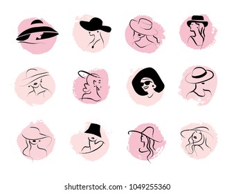 Vector artistic hand drawn stylish young lady portrait set isolated on white background. Fashion girl model icon. Woman in hat. Beauty illustration, logo design. Fashion poster, placard, banner.