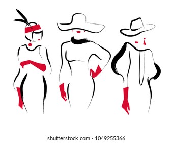 Vector artistic hand drawn stylish young lady portrait set isolated on white background. Fashion girl model icon. Woman in hat. Beauty illustration, logo design. Fashion poster, placard, banner.