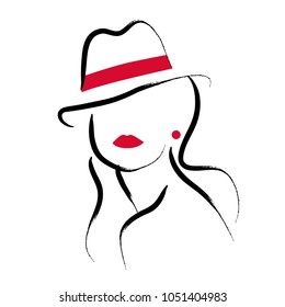 Vector artistic hand drawn stylish young lady portrait isolated on white background. Fashion girl model icon. Woman in hat. Beauty illustration, logo design. Fashion poster, placard, banner.