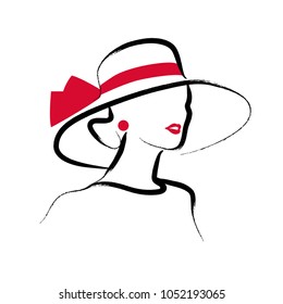 Vector artistic hand drawn stylish young lady portrait isolated on white background. Fashion girl model icon. Woman in hat. Beauty illustration, logo design. Fashion poster, placard, banner.