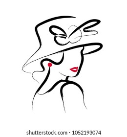 Vector artistic hand drawn stylish young lady portrait isolated on white background. Fashion girl model icon. Woman in hat. Beauty illustration, logo design. Fashion poster, placard, banner.