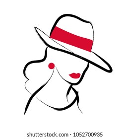Vector artistic hand drawn stylish young lady portrait isolated on white background. Fashion girl model icon. Woman in hat. Beauty illustration, logo design. Fashion poster, placard, banner.