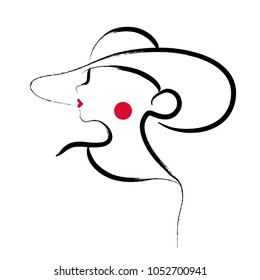 Vector artistic hand drawn stylish young lady portrait isolated on white background. Fashion girl model icon. Woman in hat. Beauty illustration, logo design. Fashion poster, placard, banner.