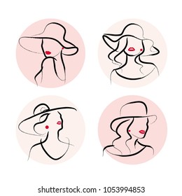 Vector artistic hand drawn stylish young lady portrait set isolated on white background. Fashion girl model icon. Woman in hat. Beauty illustration, logo design. 