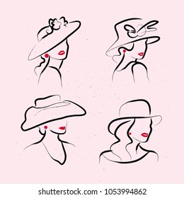 Vector artistic hand drawn stylish young lady portrait set isolated on white background. Fashion girl model icon. Woman in hat. Beauty illustration, logo design. 