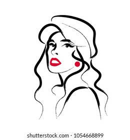 Vector artistic hand drawn stylish young lady portrait isolated on white background. Fashion girl model icon. Woman in hat. Beauty illustration, logo design. Fashion poster, placard, banner.