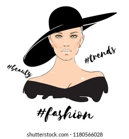 Vector artistic hand drawn stylish young lady portrait isolated on white background. Fashion girl, model. Woman in hat. Beauty illustration, logo element design. Fashion poster, placard, banner.