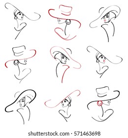 Vector artistic hand drawn stylish young lady portrait isolated on white background. Fashion girl, model. Woman in hat. Beauty illustration, logo element design. Fashion poster, placard, banner.