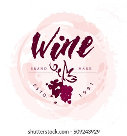 Vector artistic hand drawn wine logo isolated on white background. Ink drawing. Alcohol company brand mark design emblem. Wine bottle badge design.