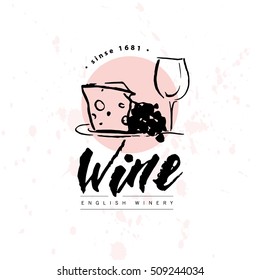Vector artistic hand drawn wine logo isolated on white background. Ink drawing. Alcohol company brand mark design emblem. Wine bottle badge design.