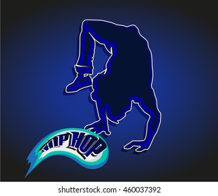 Vector artistic hip hop dance logo. Breakdancing man handstand. Branding logo design template for dance studio, battle, fest, contest, championship, banner, flayer, billboard, card.