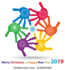 Vector artistic icy abstract crystal snow flakes over handprints isolated on background as winter or december decoration. Ice or frost beautiful star ornament on hand silhouettes or 2019 season art
