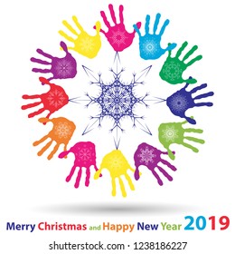 Vector artistic icy abstract crystal snow flakes over handprints isolated on background as winter or december decoration. Ice or frost beautiful star ornament on hand silhouettes or 2019 season art