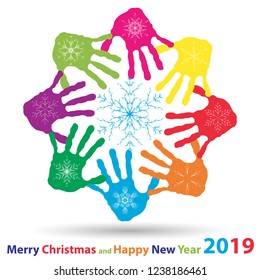 Vector artistic icy abstract crystal snow flakes over handprints isolated on background as winter or december decoration. Ice or frost beautiful star ornament on hand silhouettes or 2019 season art