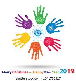 Vector artistic icy abstract crystal snow flakes over handprints isolated on background as winter or december decoration. Ice or frost beautiful star ornament on hand silhouettes or 2019 season art