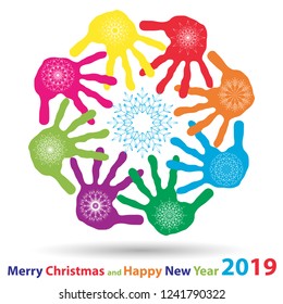 La nieve vectorial de hielo abstracto de cristal resbala sobre huellas de manos aisladas en el fondo como decoración de invierno o diciembre. Hielo o escarcha hermosa estrella adorno en siluetas a mano o arte de temporada 2019