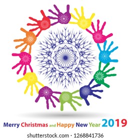 La nieve vectorial de hielo abstracto de cristal resbala sobre huellas de manos aisladas en el fondo como decoración de invierno o diciembre. Hielo o escarcha hermosa estrella adorno en siluetas a mano o arte de temporada 2019