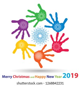 Vector artistic icy abstract crystal snow flakes over handprints isolated on background as winter or december decoration. Ice or frost beautiful star ornament on hand silhouettes or 2019 season art