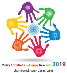 Vector artistic icy abstract crystal snow flakes over handprints isolated on background as winter or december decoration. Ice or frost beautiful star ornament on hand silhouettes or 2019 season art