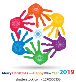 Vector artistic icy abstract crystal snow flakes over handprints isolated on background as winter or december decoration. Ice or frost beautiful star ornament on hand silhouettes or 2019 season art