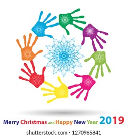Vector artistic icy abstract crystal snow flakes over handprints isolated on background as winter or december decoration. Ice or frost beautiful star ornament on hand silhouettes or 2019 season art