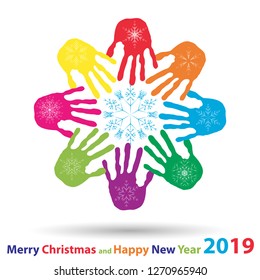 Vector artistic icy abstract crystal snow flakes over handprints isolated on background as winter or december decoration. Ice or frost beautiful star ornament on hand silhouettes or 2019 season art