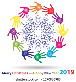 Vector artistic icy abstract crystal snow flakes over handprints isolated on background as winter or december decoration. Ice or frost beautiful star ornament on hand silhouettes or 2019 season art